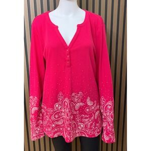 Ariat Pink Waffle Knit Henley Paisley Print Long Sleeve Thermal Top XXL